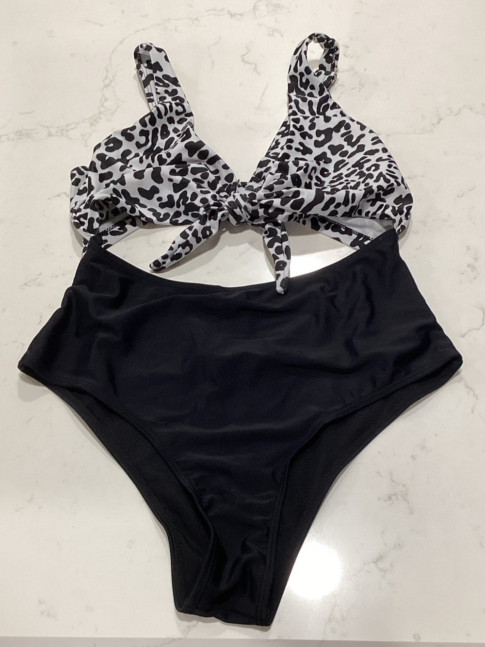 Black High-Waist one piece with Black & White Leopard Tie-Front Top